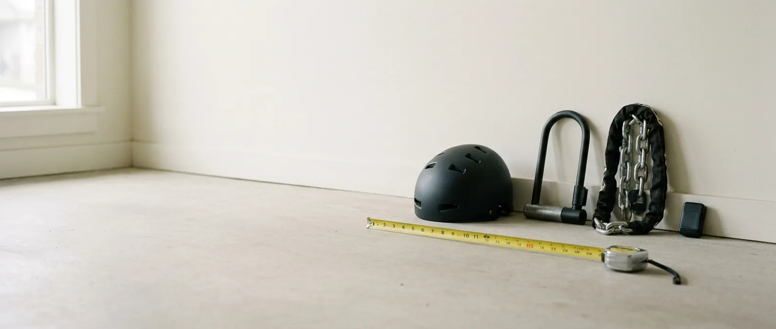 Capacete, trava em U, corrente e rastreador.